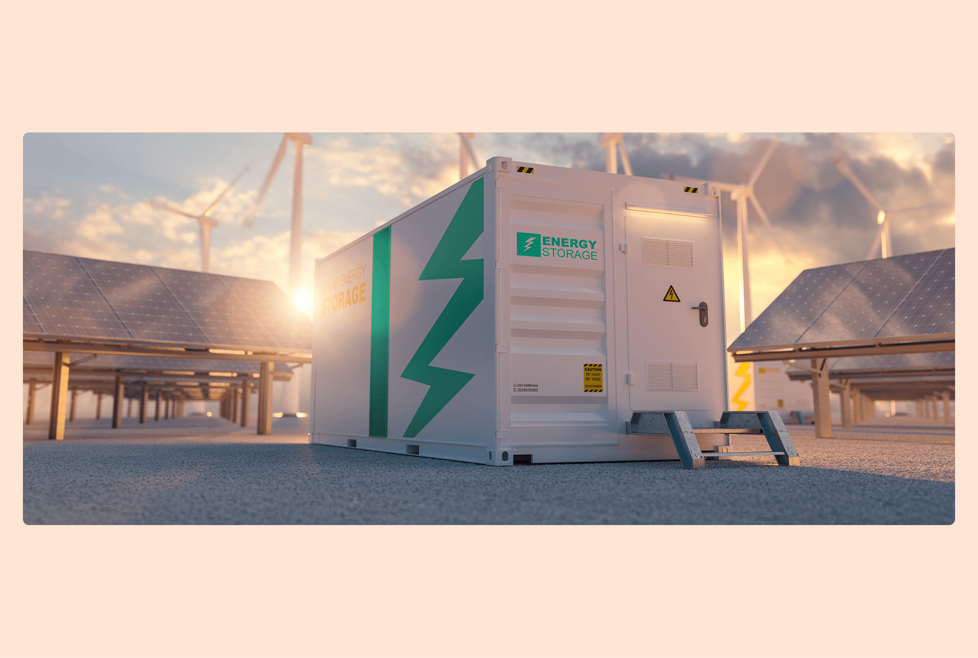battery energy storage system with solar panels and wind turbines behind