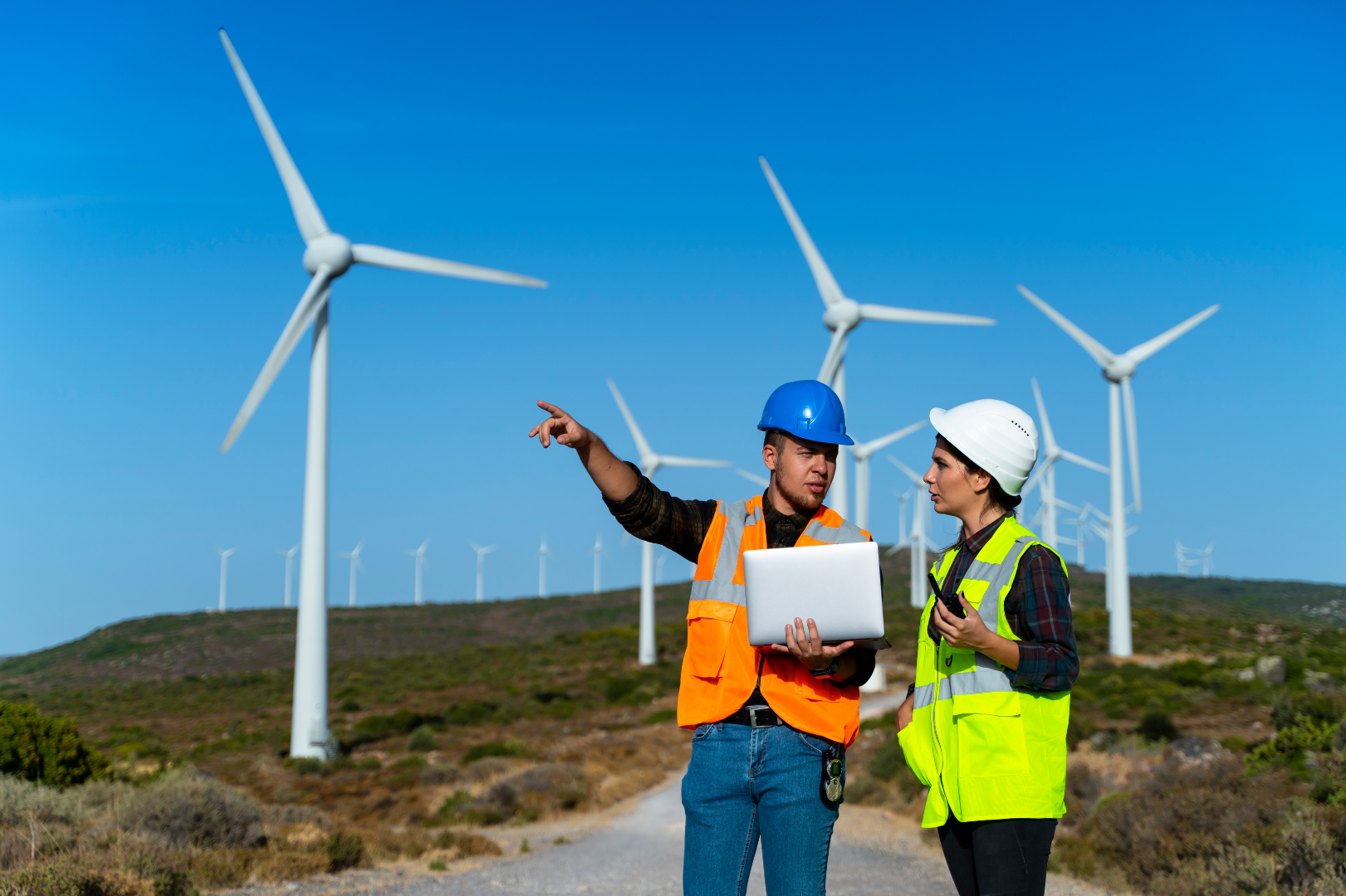 Humans with laptop and wind turbines behind