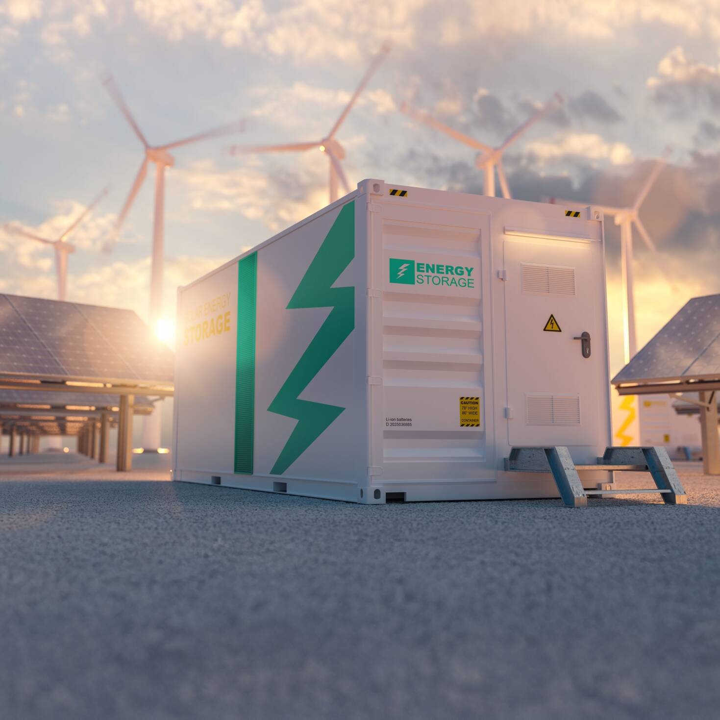 Battery energy storage system with solar panels and wind turbines