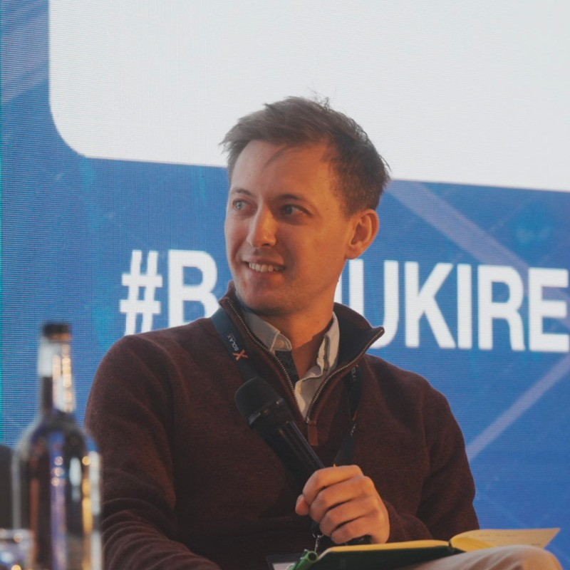 Conference with a man and a microphone